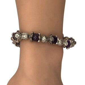 Natural Stone Beaded Bracelet Silver Tone 8 Inch Length Artisan Made